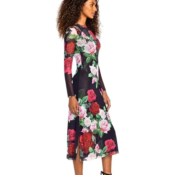 Johnny Was NWT Mesh Midi Romantic Boho Dress Rosa Floral Red Pink Black Small - Picture 3 of 11